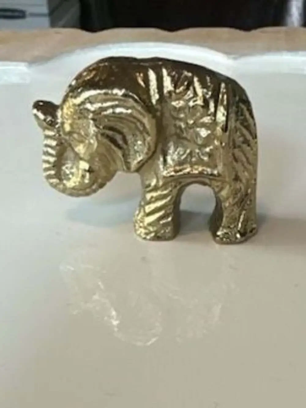 Carved Mango Wood and Enamel Hexagonal Storage Box with Brass Elephant Handle